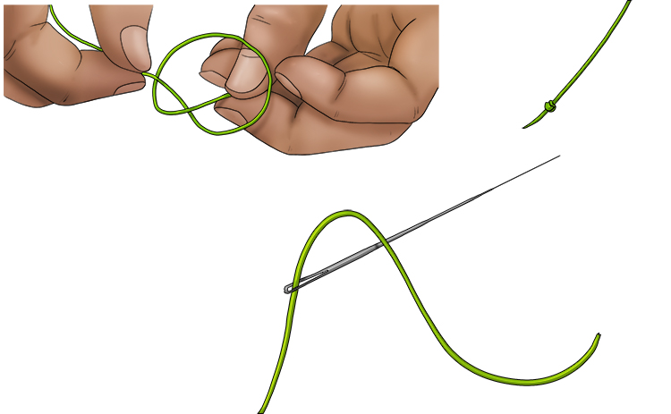 Tie a knot in the end of your green thread and thread the needle onto it. 