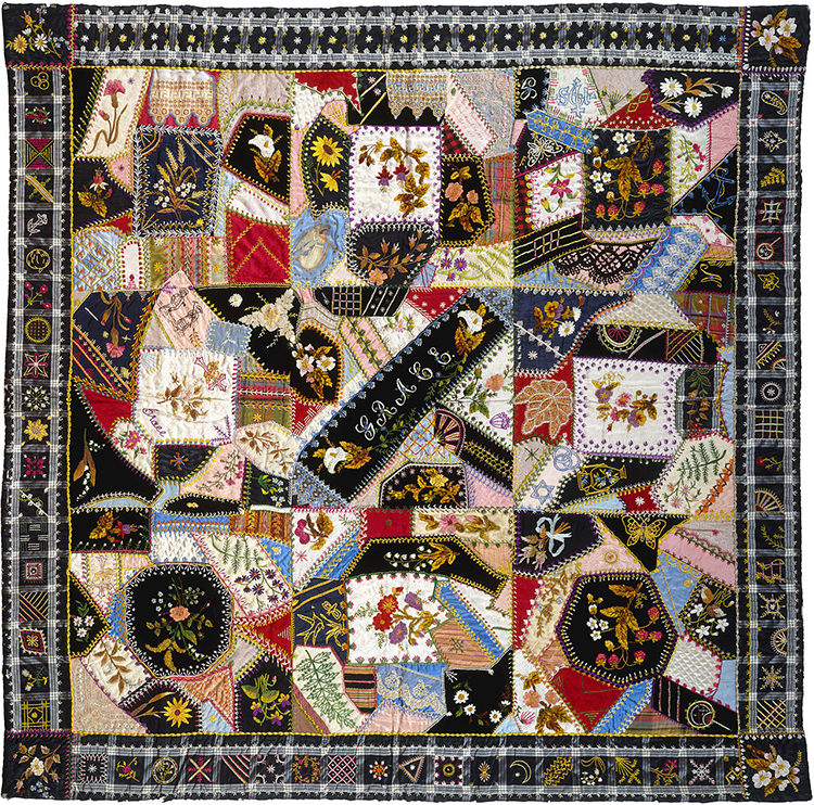 This decorative crazy patchwork quilt was made in 1877.