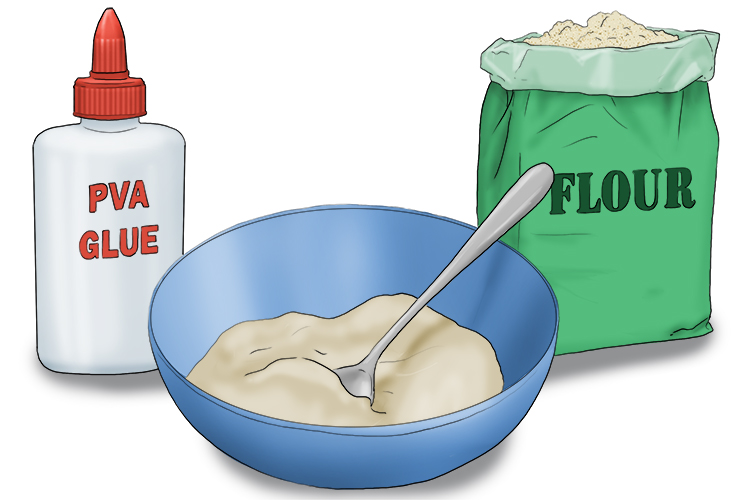Mix together 2 cups of flour, 1 cup of water and ½ a cup of white (PVA) glue in a bowl.