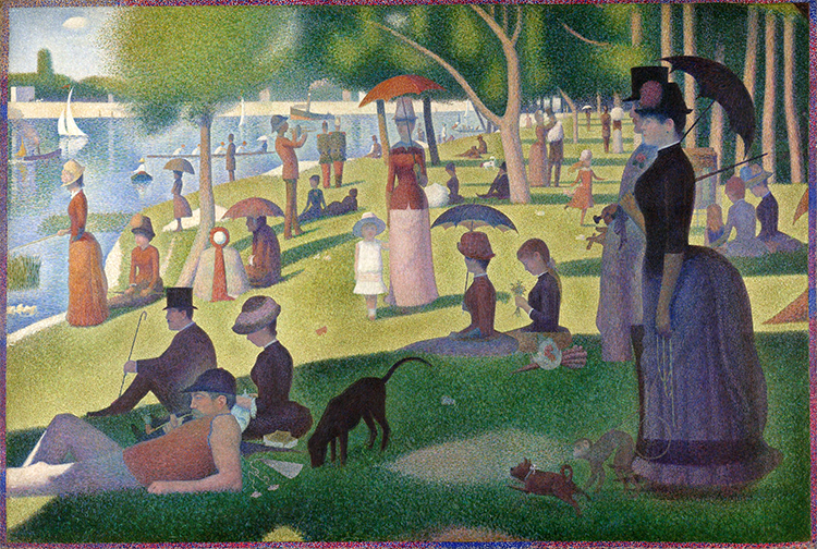 The paintings take a long time to complete using this technique. For example "A Sunny Afternoon on the Island of La Grande Jatte" took two years to complete, although the painting is 3 metres (10ft) wide. Most of his scenes were depictions of Paris where 