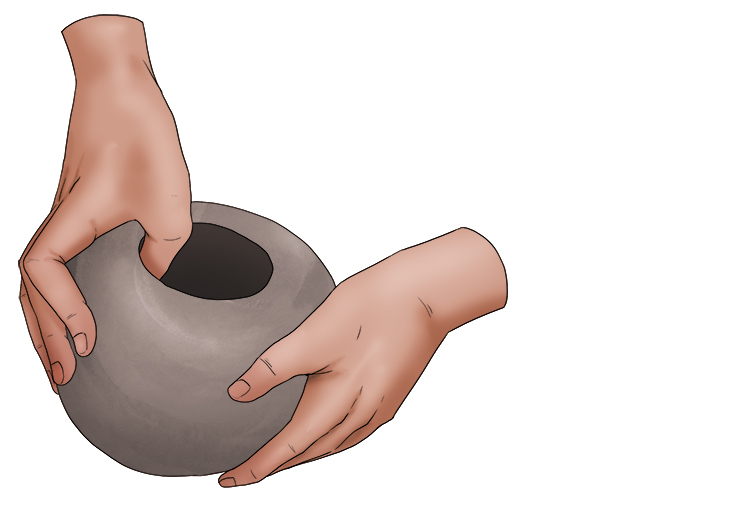 Then, use your fingers and thumb to pinch the clay, turning it as you go, until you have a sphere with a hole in the top. The walls of the sphere will need to be no more than 1cm thick. 