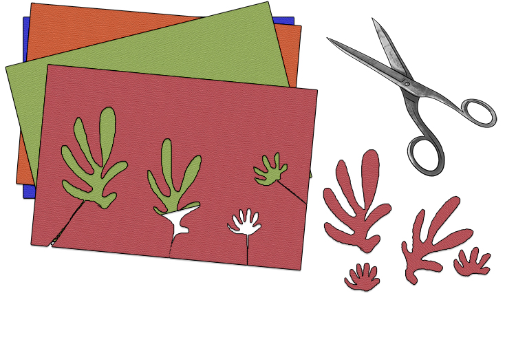 In a similar way to how you have created the project above, use scissors to cut out organic, leafy shapes from coloured card. The shapes should all be similar, with two or three variations, but none of them should be exactly the same.