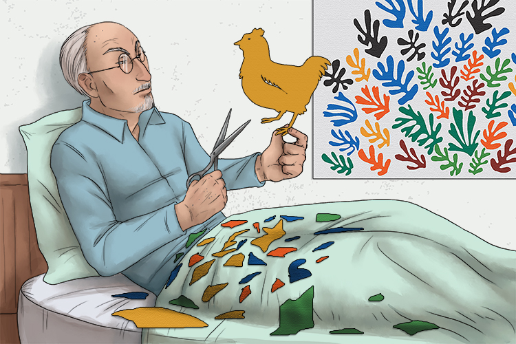 As he lay on his mattress, it was easier (Matisse) to cut out shapes with scissors than to do full-scale artwork. He even cut out a hen (Henri)