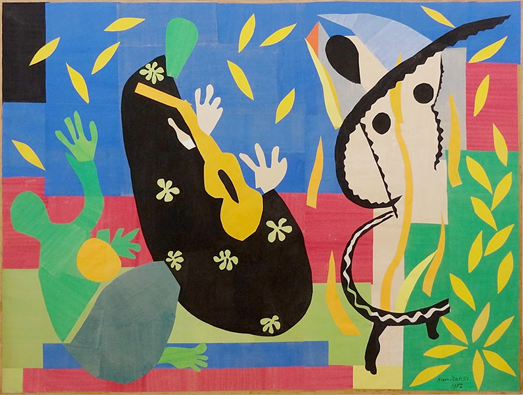 Later in his life Henri Matisse was restricted to a wheelchair, and started producing artwork using scissors: He adopted a bolder simplified form using cut paper collages. Sometimes just patterns and sometimes life forms but abolishing shadows and perspec
