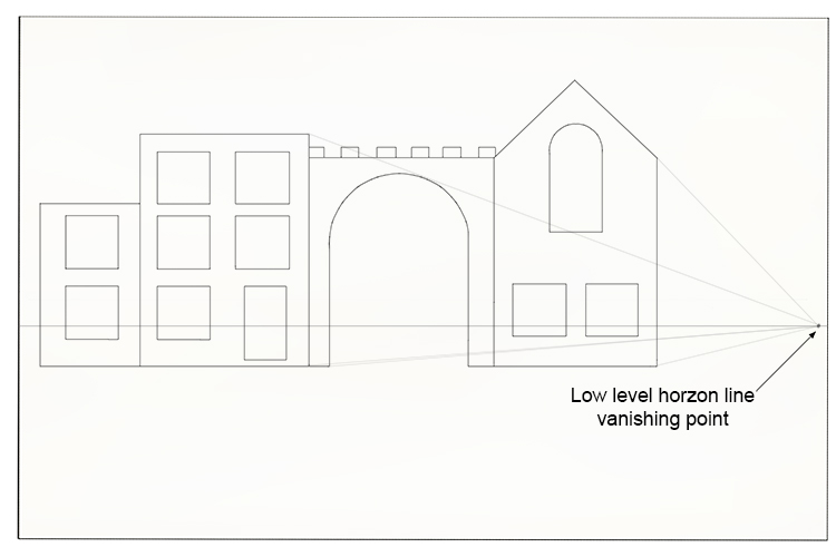 Draw the main lines from the building to the vanishing point.