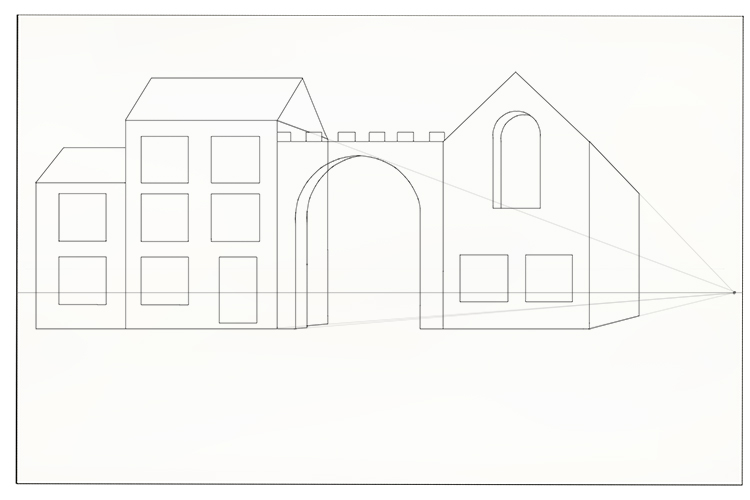 Draw the vertical lines in and the roofs on the left hand side of the building.