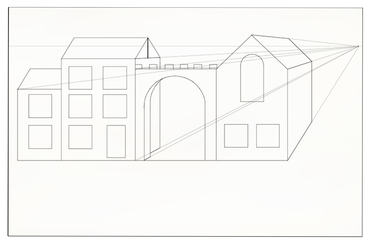 Using the same technique from our one point perspective page, draw in the the main lines of the building.