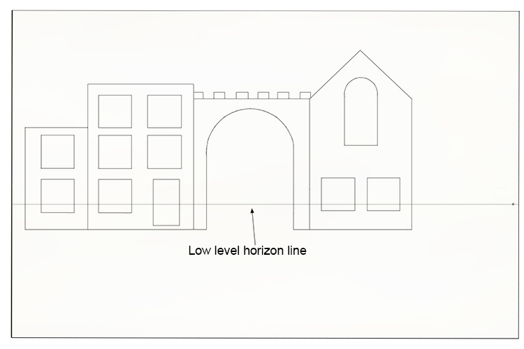 As in the project above, start with the 2D front facing building and the horizon line with a vanishing point. For this example the horizon line will be low down, but not beneath the bottom line of the building, or it will look like it's floating.