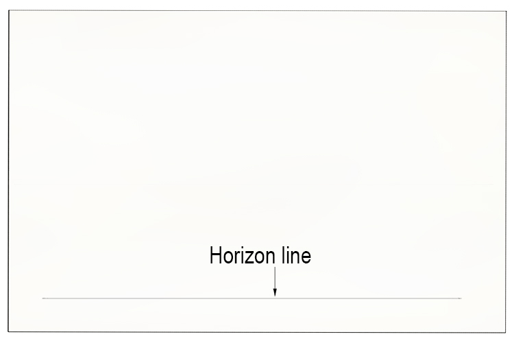Using a ruler, draw a line near the bottom of the page, this will be your horizon line. Towards each side of the page, draw a small point on the horizon line