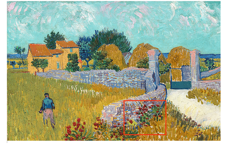 In Vincent Van Gogh's Farmhouse in Provence painting, you can clearly see the thick impasto marks he makes. The application makes the flowers and grasses appear to burst forward from the canvas, adding a sense of depth: