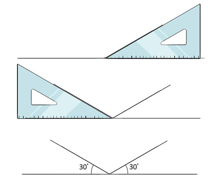 First draw a horizontal line. From this line draw two 30 degree angles using a 30/60 set square