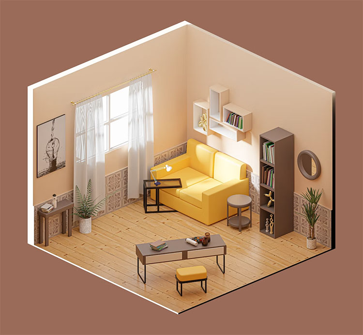 Isometric art of a living room designed in Blender 3D software