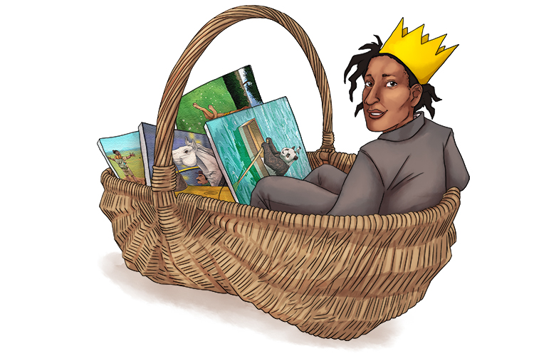 A basket of art (Basquiat) carried Basquiat around whilst he wore a yellow crown.
