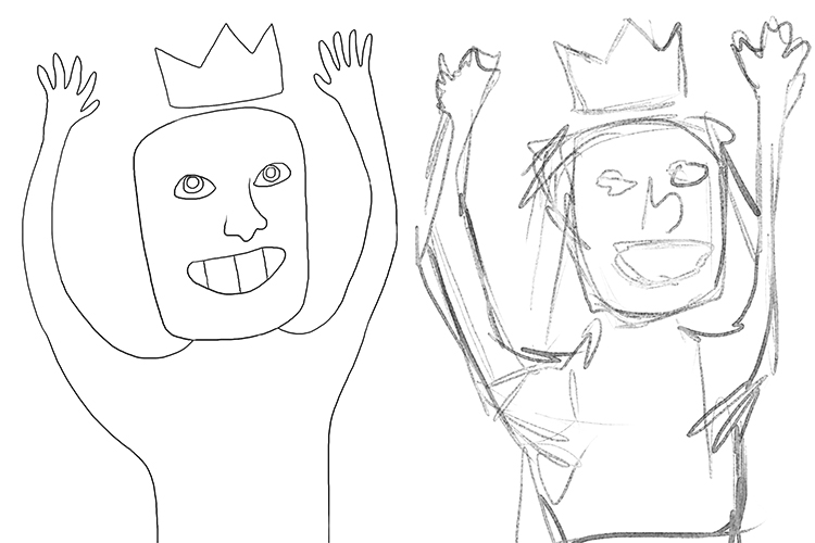 Draw the upper part of the body with the hands in the air. Now draw a crown. Draw none of it perfectly, the primitive style is characteristic is his work.
