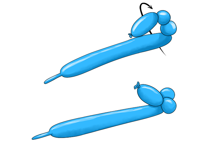 The first balloon twist will form the snout of the dog. The second and third twists will form the dog's ears.