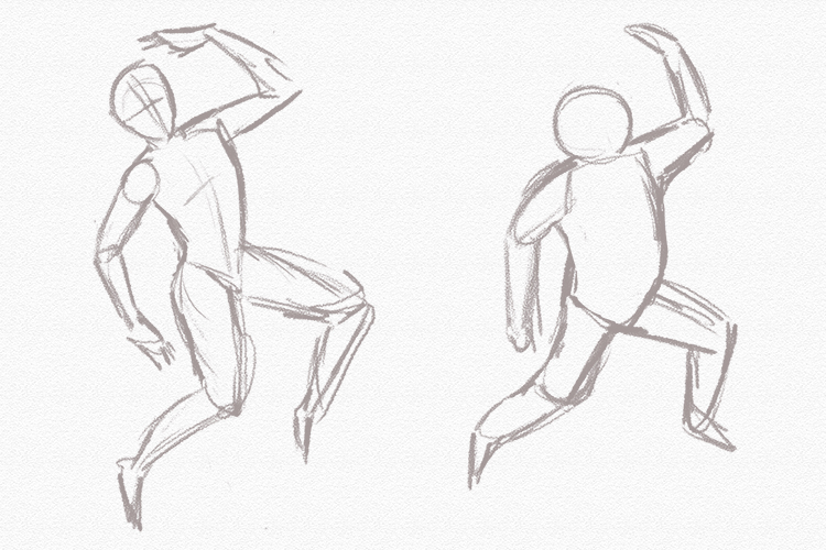 Draw a rough sketch of a person in an energetic pose, then draw the same pose, but broken down into very basic shapes.