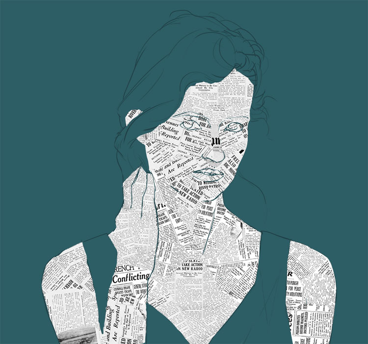 Cut and tear pieces of newspaper and stick them onto your drawing to create a base layer for the person's skin. When doing this try to leave some of your lines uncover so you can still see the basic shape and location of facial features. If you do cover a
