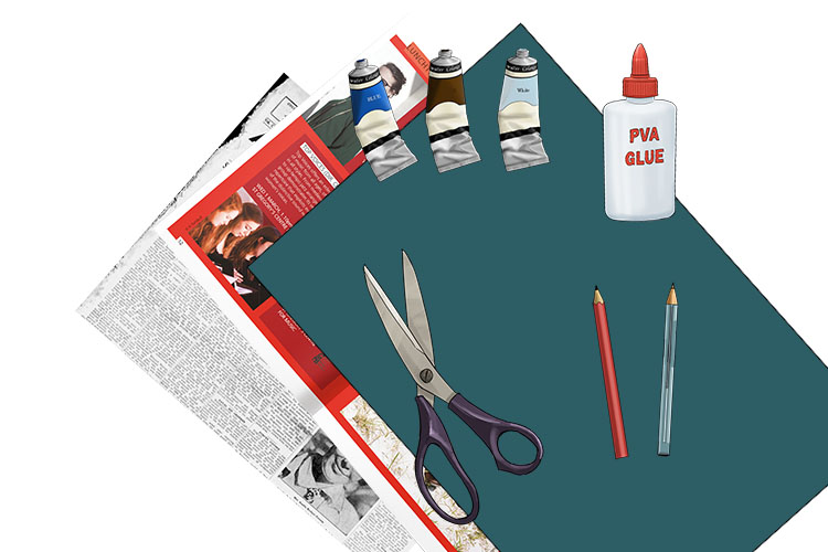 You will need a pencil, a pen, card, glue, paints, scissors and various magazines and newspapers