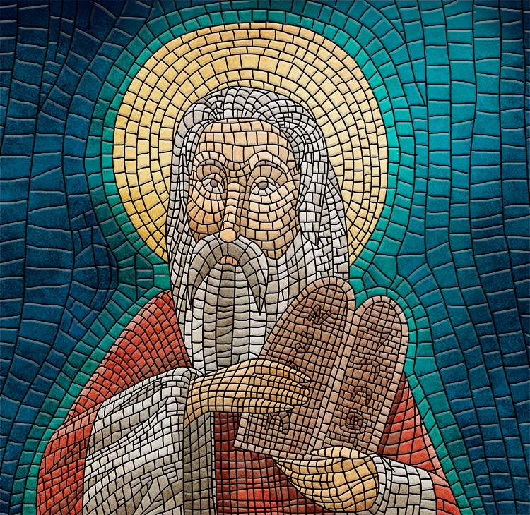 Moses in archaic (mosaic) times is depicted in tiny tiles in this inlayed work of art.