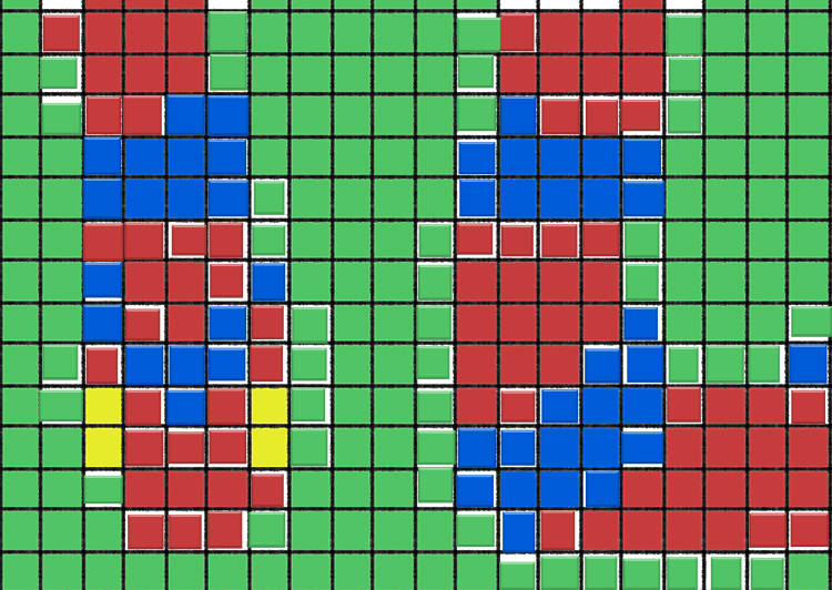 On the one below, we have filled in all of the squares that are more than half (or more) filled with one colour.