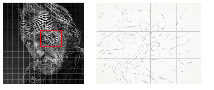 Begin by drawing in the outlines of any defining features in each square.