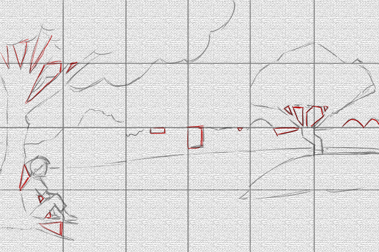 Use the Mammoth Memory grid method to sketch your scene onto your canvas. At this sketch stage try to think of the elements in the scene as 2D shapes, rather than 3D objects. Below you can see some shapes in the negative spaces (space in between the objec