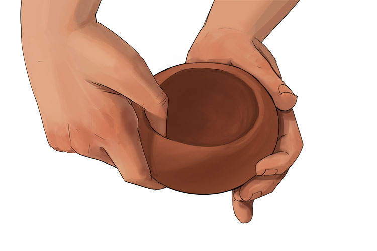 Repeatedly pinch the clay between your thumb and fingers,  rotating the clay as you do so. This will start to open up the hole you made with your thumb