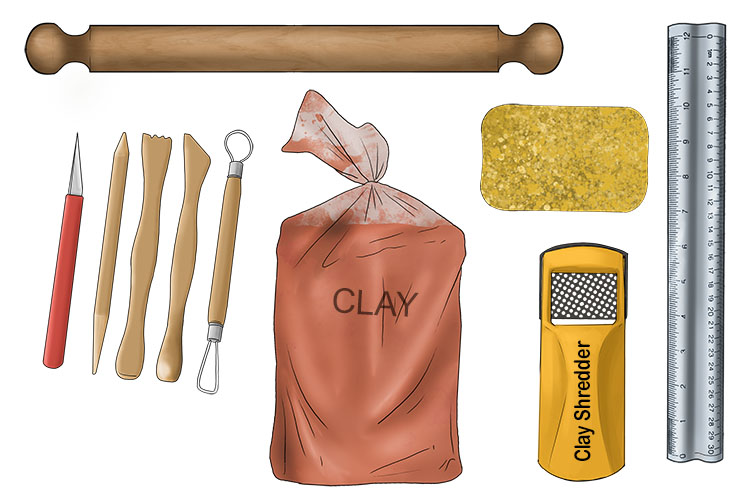You will need clay, clay carving tools, a ruler, a sponge, a clay shredder and a rolling pin
