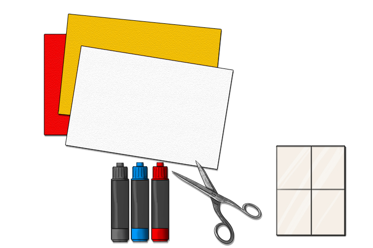 For this project, you'll need red, yellow, white and blue card, black, blue and red marker pens, scissors and some "sticky fixers" double sided foam pads.