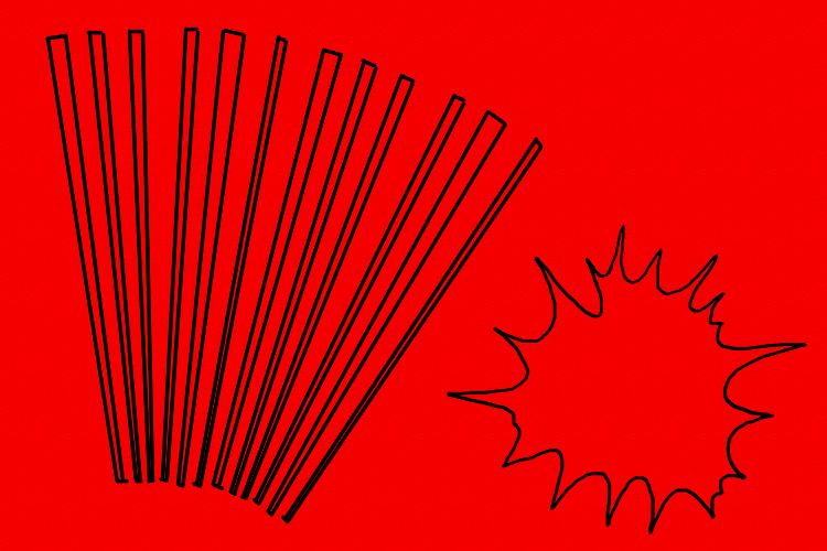 On the red card, draw more stripes, which are thick at one end and thin at the other and another spiked shape.