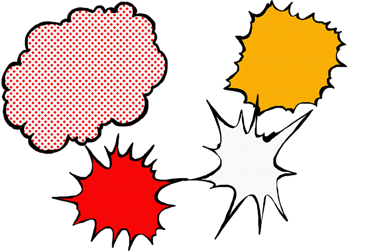 Draw a thick black border around the edge of the red, yellow and white spikey shapes and the white cloud with the red dots