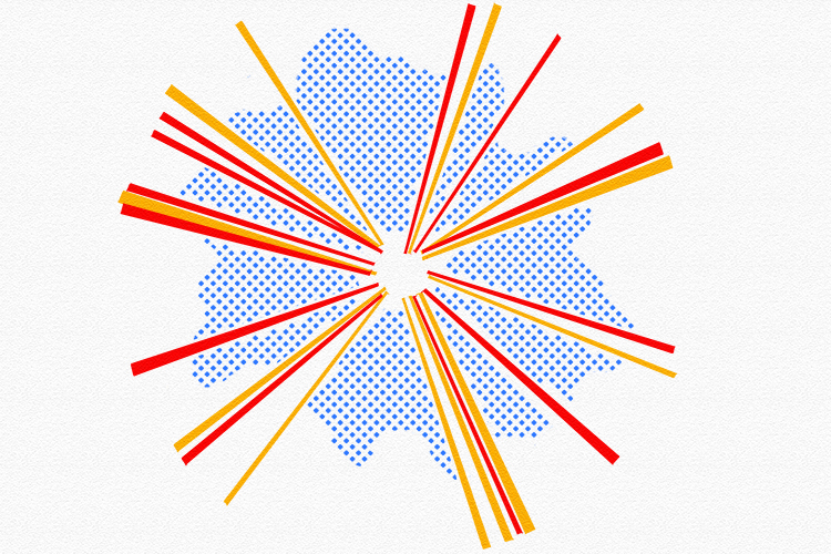 Before sticking the cloud and other shapes down, use your blue marker to draw Ben Day dots in a larger cloud shape, being careful not to mark the red and yellow strips.