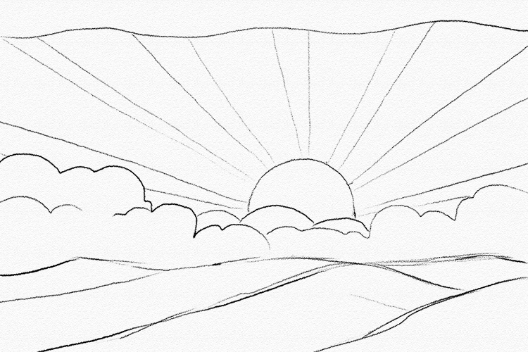 On a plain piece of paper, sketch out a simple sunset. Add some clouds across the middle of your picture, obscuring the sun slightly and a slightly wavy line near the top for some more clouds. For the rays of the sun, draw them thinner by the sun, fanning