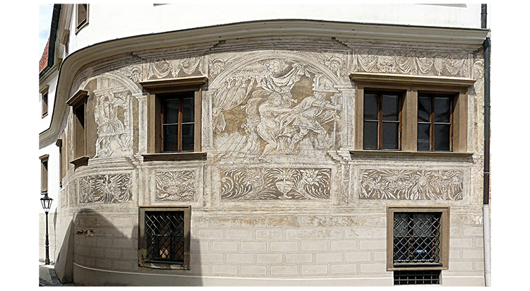 Here you can see an example of a large piece of sgraffito art on a building: