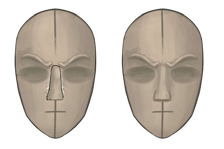 Make any minor adjustments you'd like to the shape of the nose then attach it to the mask using the same technique used for the eyebrows