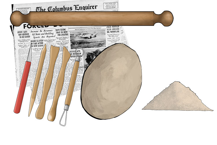 You will need clay, a rolling pin, some clay carving tools, some fully dried clay reduced to a powder and some newspaper