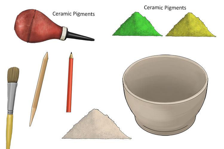 You will need a leather hard clay bowl, a slip trailer, powdered fully dried clay, ceramic pigments, a pencil, a clay carving tool
