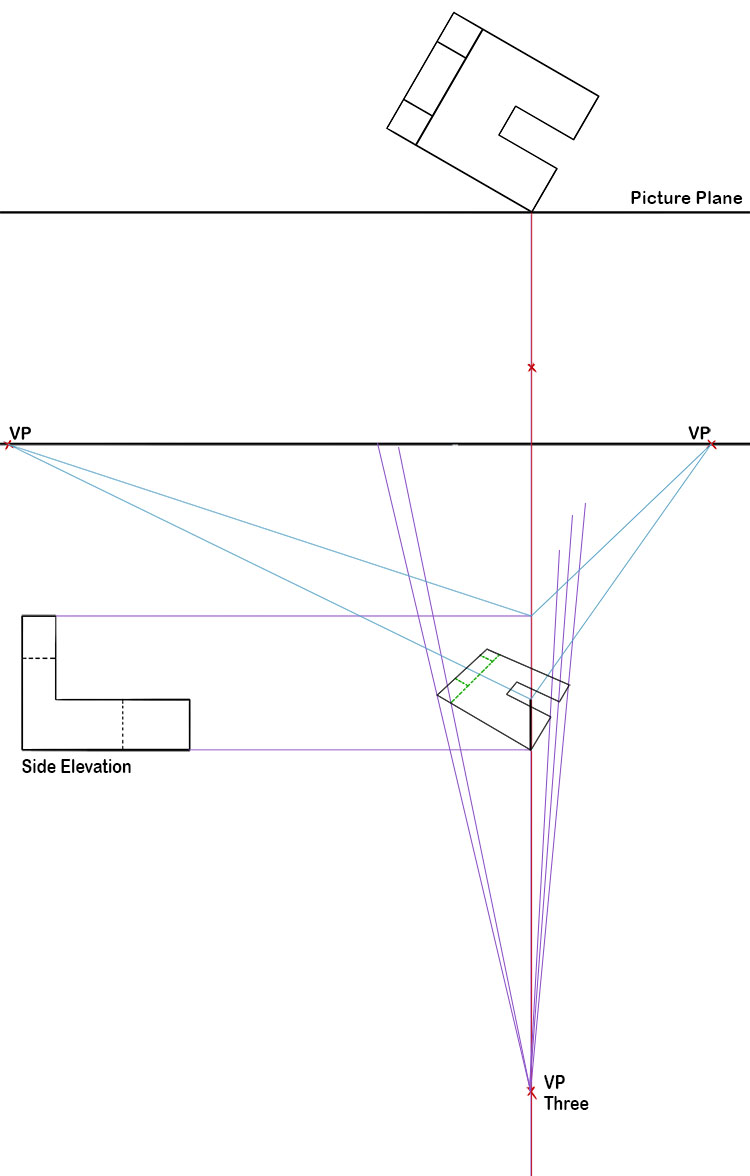 From here we can add in our horizontal lines from our side elevation then draw vanishing point lines out from where these two lines meet our vertical line, these lines will give us accurate heights for each section of our object. We can also add lines fro