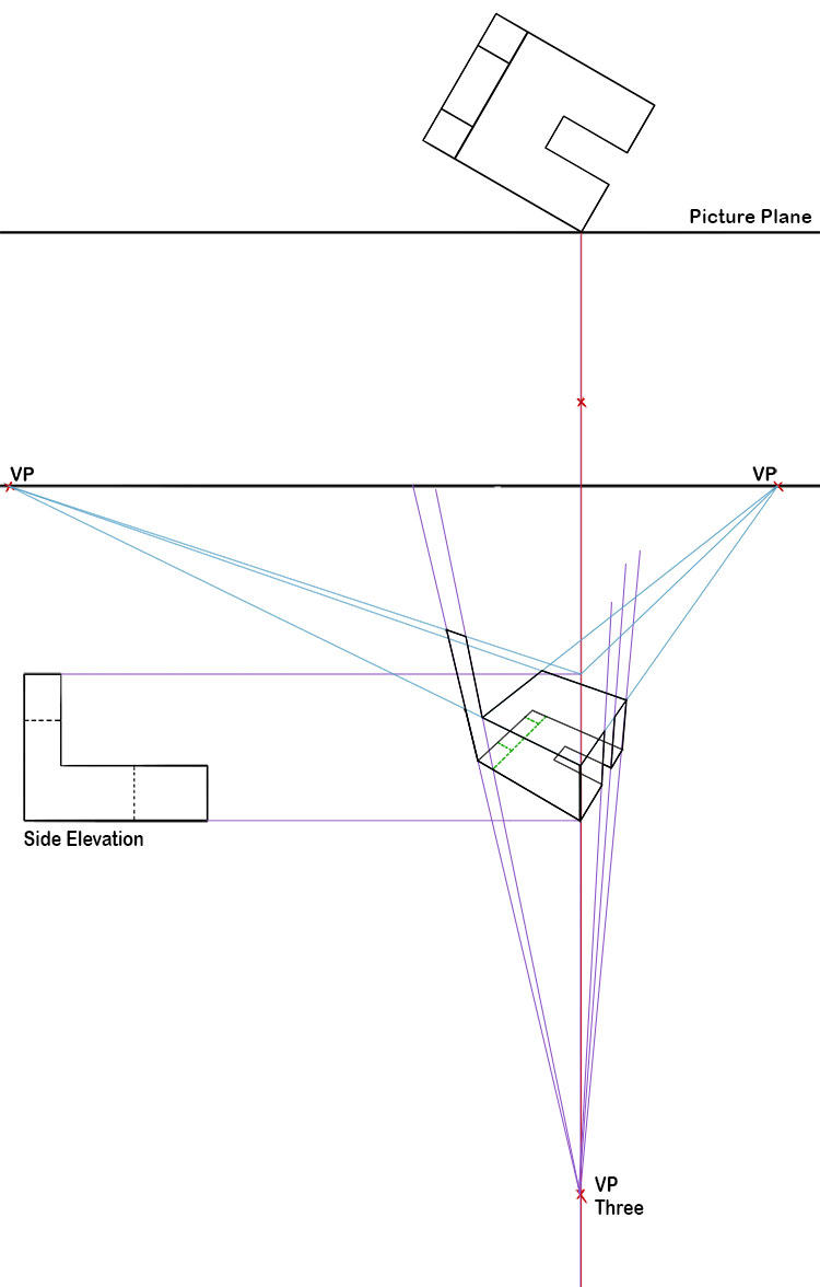 We can now use these vanishing point lines to start drawing in the sides of our object