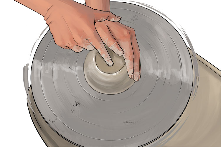 Make a centre hole by slowly pressing your index finger into the clay, use your left hand to support the bowl while you do this. You should be pressing straight down but with your finger at an angle so you end up with a wide hole with sloped sides. Make s