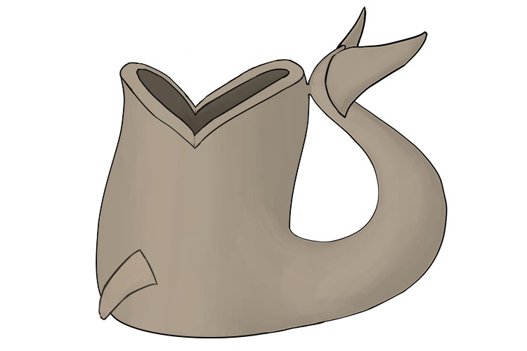 Attach the two larger fins to the end of the handle/tail and the two smaller ones to the sides of the body of the jug
