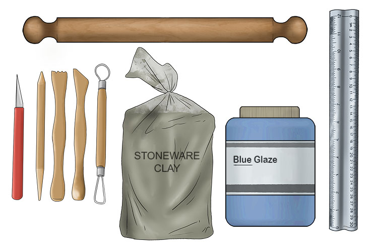 You will need stoneware clay, a rolling pin, clay carving tools, glaze and a ruler