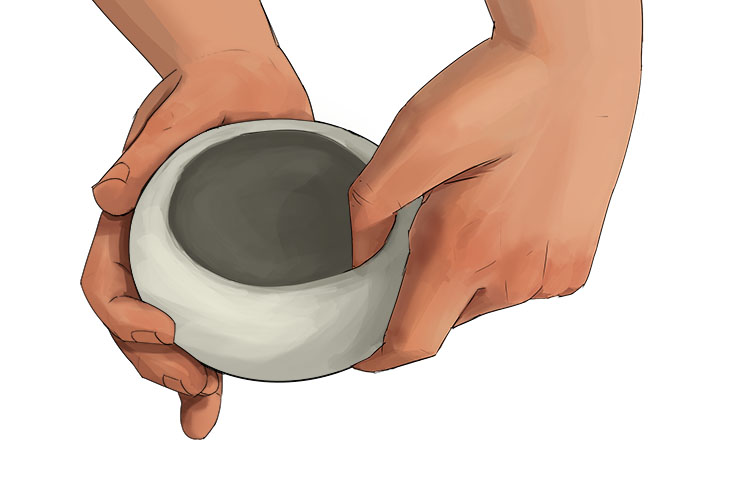 Repeatedly pinch the clay between your thumb and fingers, rotating the clay as you do so. This will start to open up the hole you made with your thumb