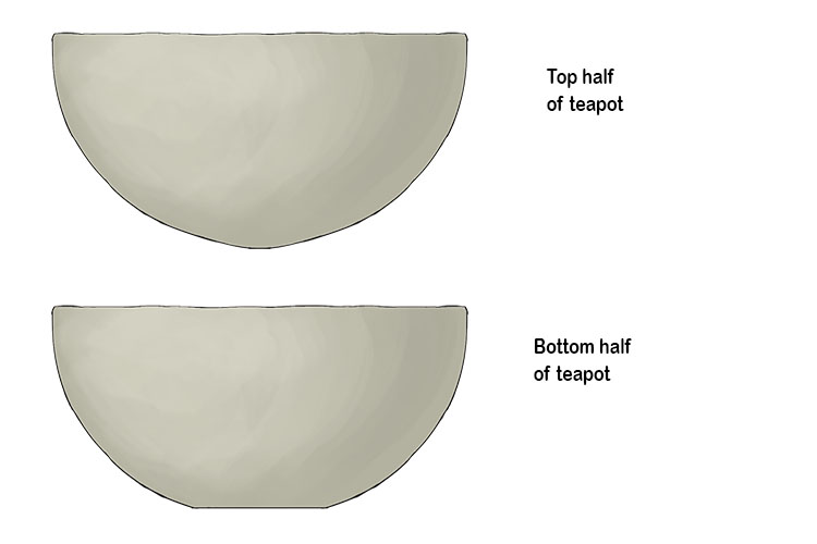 Now repeat this process with your second ball of clay, skipping the step where we flatten out the bottom. This second pot will be the top half of our teapot's body. Make sure that the rims of both pots are the same size so they match up when joined, then