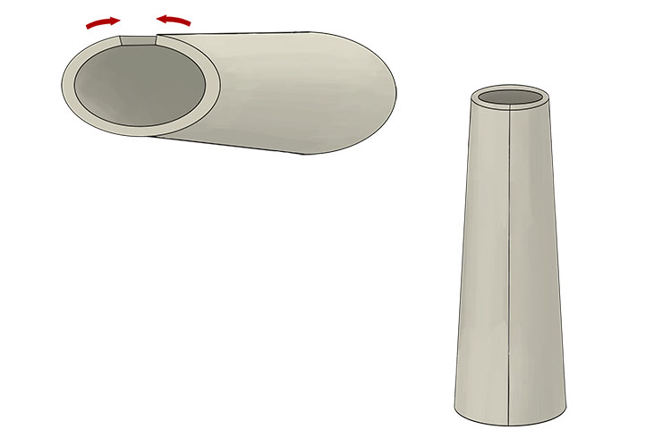 Join the two sloped sides together to create a cylinder that is wider at one end