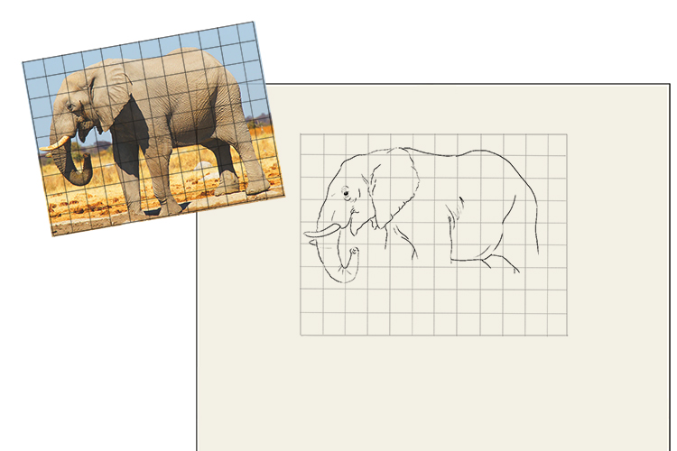 Once your grid is prepared. use it to draw up your elephant's head and body, leaving marks where the top of the legs will start.