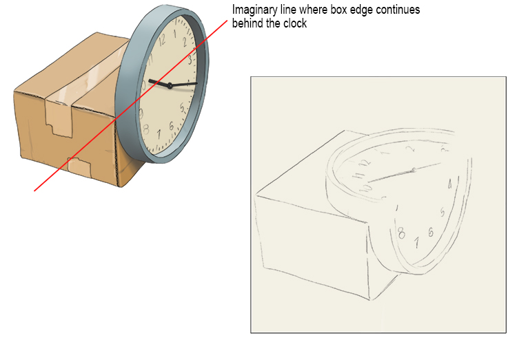 Continue with your drawing, and again stop drawing the clock before it passes in front of the previous section.