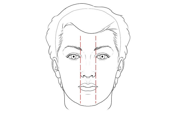 The width of the nose is the same as the distance between the eyes (an eye wide).