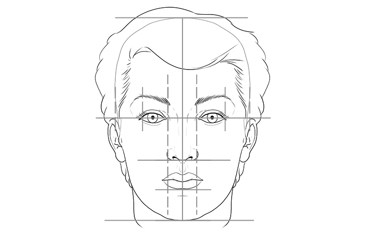 The image below shows the proportions of a face mapped out: