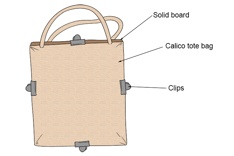 Once you have your calico tote bag, make sure to iron out any creases in the fabric so you have a flat surface to work on. It's also important to use a sheet of hard plastic or board inside the bag to both prevent the paint seeping through and to give a m